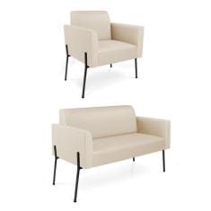 Sofá Namoradeira e Poltrona Pé de Ferro Preto Marisa material sintétic