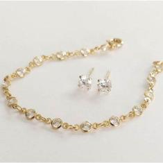 Conjunto Infantil Pulseira Pedrinhas Ponto De Luz + Brinco Banhado