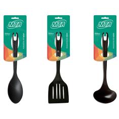 Kit Utensílios de Cozinha - Nylon Colher Concha Espátula 3 Peças Preto