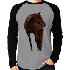 Camiseta Raglan Cavalo Andaluz Manga Longa - Foca na Moda, Cinza, Pret