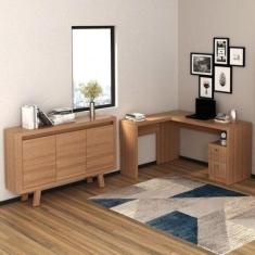 Kit 2 Peças com Mesa para Escritório em L e Armário Multiuso Baixo 3 P