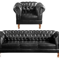 Conjunto Sofá Chesterfield 3 Lugares + 1 Poltrona Dom Pedro Preto