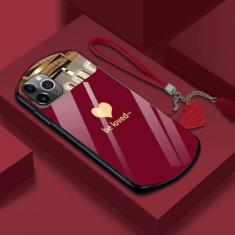 Capa de telefone luxuosa fofa oval em forma de coração de vidro temperado para iPhone 15 14 13 12 11 Pro Max XS X SE 8 7 Plus Capa de cordão espelhada, vermelha, para iPhone 11Pro