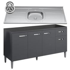 Balcão Gabinete Com Pia Inox 150cm 4 Portas E 1 Gaveta Gabriela Preto - Ajl Móveis