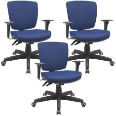 Kit 03 Cadeiras De Escritório Executiva Office Giratória Preto Baixa Flexi P03 Vinil Azul - Lyam