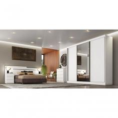 Guarda Roupa Casal Logan 3 Portas de Correr 6 Gavetas MDF com Espelho Branco Móveis Novo Horizonte