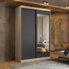 Guarda Roupa Solteiro com Espelho 2 Portas de Correr 2 Gavetas Tuco Yescasa Avena/grafito