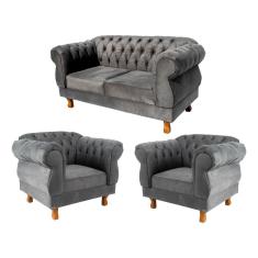 1 Sofá 2,30cm + 2 Poltronas Chesterfield Elisabeth Suede Cinza