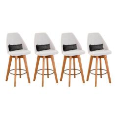 Kit 04 Banquetas Alta Maya Giratória Com Encosto Gourmet Linho Bege e Almofada Suede Cinza - Aurora Line