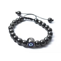 Pulseira De Bolinha Pedra Hematita 8Mm Olho Grego Regulável