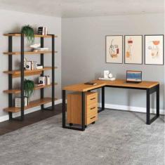 Conjunto Home Office 3 Peças 1 Escrivaninha em L 1 Gaveteiro e 1 Estante Industrial Pradel Móveis Preto/Freijó