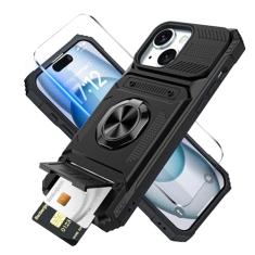 Benbenjaytek Capa carteira para iPhone 15 com suporte para cartão + 1 protetor de tela, (2 cartões) e suporte de anel de 360°, capa resistente à prova de choque de grau militar para iPhone 15 de 6,1