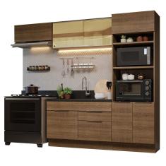 Cozinha Completa Stella 7 Portas 2 Gavetas 270cm Marrom com Vidro Reflex e Puxador em Alumínio