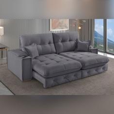 Sofá Retrátil Reclinável Com Porta Copos 250cm Istambul Yescasa Cinza