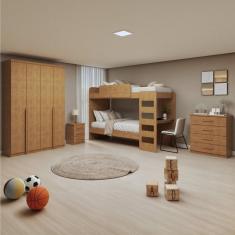 Quarto Infantil Com Beliche Olga Cômoda e Criado Baião e Guarda Roupa Alonzo Amêndoa Clean