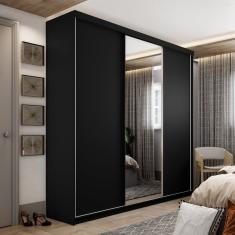 Guarda Roupa Solteiro 100% Mdf Bp Com 3 Portas e 1 Espelho Geneve Preto