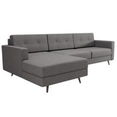 Sofá 3 Lugares Living com Chaise Pé Palito Linho Cotton Cinza - Mobly