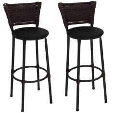 Kit 2 Banquetas Altas Preta com Encosto Junco Argila Assento Preto