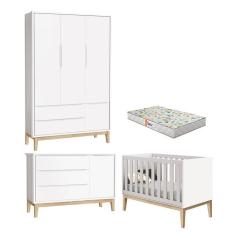 Quarto de Bebê 3 Portas New Classic Branco com Pés Madeira Natural e Colchão Gazin - Reller 