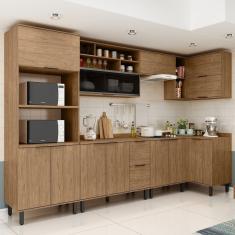 Cozinha Modulada Toscana 7 Peças Mdf com Aéreo 1200 Porta de Vidro Basculante e Armários Canto com T Freijó