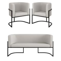 Kit 2 Cadeiras Poltronas + Sofá 2 Lugares Base Preta Corino Bege