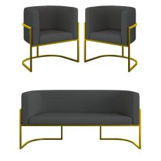 Kit 2 Cadeiras Poltronas + Sofá 2 Lugares Base Gold Corino Cinza