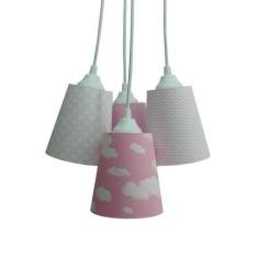 Lustre Pendente Luminária Cacho Menina Nuvens 4 Cúpulas Rosa e Branca 