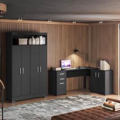 Conjunto Para Escritório 2 Peças Com Escrivaninha Em L E Armário Multiuso 4 Portas Preto Tx Notável Móveis Preto Tx