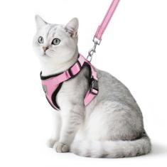 PUPTECK Conjunto de arnês e coleira para gatos, à prova de fuga, refletivo, ajustável, de malha respirável e macia para animais de estimação pequenos, rosa claro, M