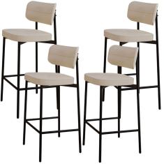 Kit 04 Banquetas Alta Bar Cozinha Sala De Jantar Aço Preto Kaira C01 Linho Areia - Lyam Decor