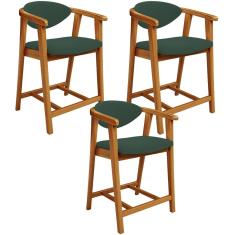 Kit 03 Banquetas Baixa Para Cozinha Sala Jantar Bancada Cecília L02 Suede Verde Musgo - Lyam Decor