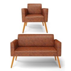 Sofá Namoradeira Com Poltrona Pés Palito Castanho Marisa Corano Nozes D03 - D'rossi