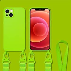 Estojo de alça de cordão transversal para iPhone 11 12 14 13 Pro Max Mini XS X XR 7 8 Plus SE Capa de silicone líquido, verde fluorescente, para iPhone 7 Plus