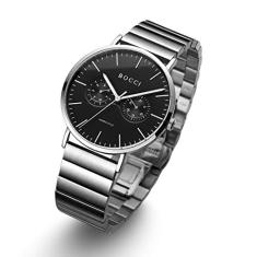 BOCCI Relógios de quartzo para homens, pulseira de aço inoxidável, estilo comercial, minimalista, relógio analógico, mostrador preto, calendário duplo, Prateado - preto