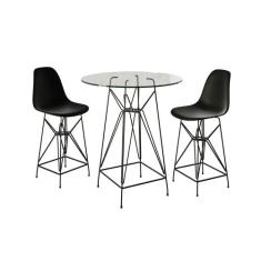 Jogo Mesa Bistrô Eames Eiffel Vidro 60cm 2 Banquetas Preta Base Ferro 