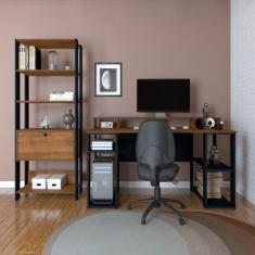 Conjunto Home Office 2 Peças Estante 4 Prateleiras 1 Porta com Escrivaninha 140cm Espresso Móveis Pinho/Preto