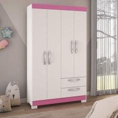 Guarda Roupa Solteiro 4 Portas 2 Gavetas Notável Móveis Branco New/Rosa