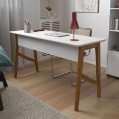 Escrivaninha Pés Em Madeira Maciça 125cm 1 Gaveta - Branco Acetinado -