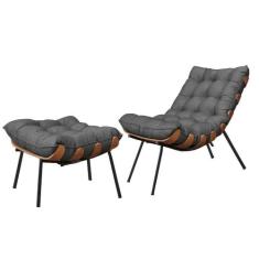 Poltrona Com Puff Costela Adão Madeira Preta Linho Marrocos Grafite - 