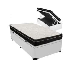 Cama Box Baú Solteiro 88 Tecido Sintético Branco com Colchão Paris de Molas Ensacadas Preto 26x888x188