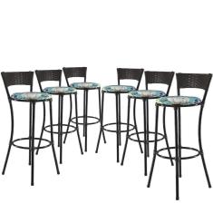 Jogo Com 6 Banquetas Alta Forts Fibra Uv Bancada, área Goumert, Bar, Piscina, Balcão, Floral Azul