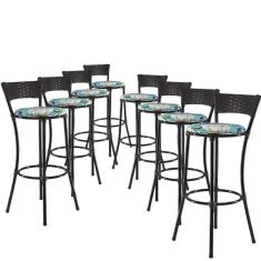 Jogo Com 8 Banquetas Alta Forts Fibra Uv Bancada, área Goumert, Bar, Piscina, Balcão, Floral Azul