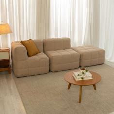 sofá guldi popup com módulo canto central e puff linho bege