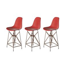 Kit 3 Banquetas Bistrô Alta Eames Eiffel Vermelha Base Ferro Cobre