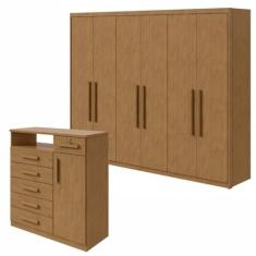 Conjunto de Guarda-roupa 6 portas Áries e Cômoda Da Vinci com Nicho Amêndoa Clean