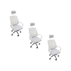 Kit 3 Cadeiras Escritório Diretor Tela Mesh Encosto De Cabeça Branco