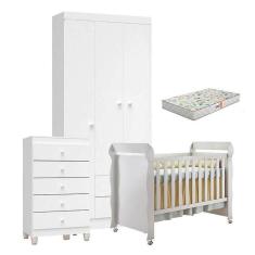 Quarto De Bebê 3 Portas Com Gaveteiro Ternura Baby E Berço Mirelle Branco Brilho Com Colchão Gazin - Incorplac