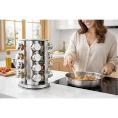Porta Temperos Giratório Inox com 16 Potes de Vidro – Organizador de Condimentos para Cozinha – Design Moderno e Funcional