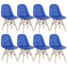 Kit - 8 X Cadeiras Estofadas Eames Eiffel Botonê - Base De Madeira Clara - Azul