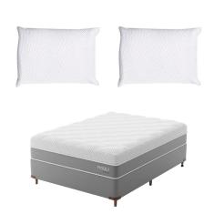 Cama Box Casal com Colchão Sublime Mola Ensacada e Espuma Viscoelástica (32x138x188) Cinza e Branco com 2 Travesseiros Guldi Soft Nasa Branco